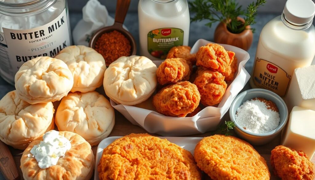 A bountiful arrangement of fresh buttermilk biscuits, golden-fried chicken, and essential ingredients including flour, buttermilk, butter, and herbs. The biscuits are flaky and light, the chicken crispy and juicy, complemented by a visually appealing assortment of spices, seasonings, and condiments. Soft, natural lighting illuminates the scene, casting gentle shadows and highlighting the mouthwatering textures. The composition is balanced, with the biscuits and chicken taking center stage against a clean, uncluttered background, inviting the viewer to savor the homemade, comforting goodness of this classic Southern dish.
