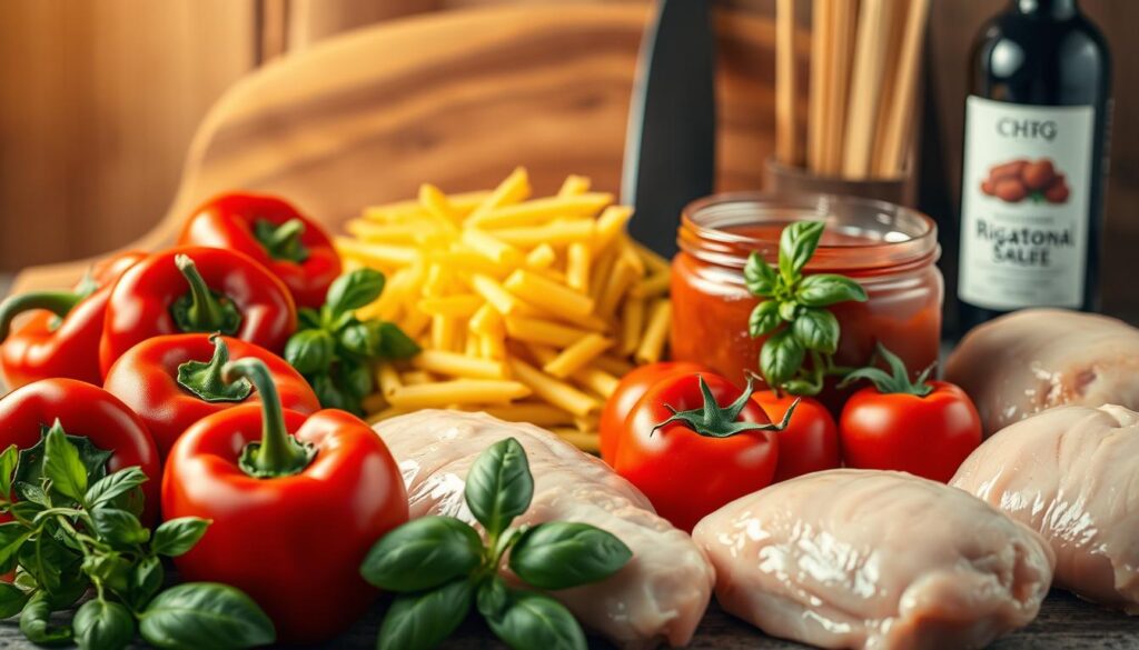 A bountiful still life arrangement showcasing the essential ingredients for authentic Chicken Riggies. In the foreground, vibrant red bell peppers, fresh tomatoes, and tender chicken breasts. In the middle ground, lustrous rigatoni pasta, a jar of high-quality marinara sauce, and lively sprigs of basil. In the background, a wooden cutting board, a sharp chef's knife, and a bottle of robust red wine. The lighting is warm and soft, casting a golden glow over the scene. The camera angle is slightly elevated, capturing the ingredients at an appetizing, eye-level perspective. The overall mood is one of rustic elegance, inviting the viewer to imagine the aromatic and flavorful dish that these quality ingredients will produce. A bountiful still life arrangement showcasing the essential ingredients for authentic Chicken Riggies. In the foreground, vibrant red bell peppers, fresh tomatoes, and tender chicken breasts. In the middle ground, lustrous rigatoni pasta, a jar of high-quality marinara sauce, and lively sprigs of basil. In the background, a wooden cutting board, a sharp chef's knife, and a bottle of robust red wine. The lighting is warm and soft, casting a golden glow over the scene. The camera angle is slightly elevated, capturing the ingredients at an appetizing, eye-level perspective. The overall mood is one of rustic elegance, inviting the viewer to imagine the aromatic and flavorful dish that these quality ingredients will produce.