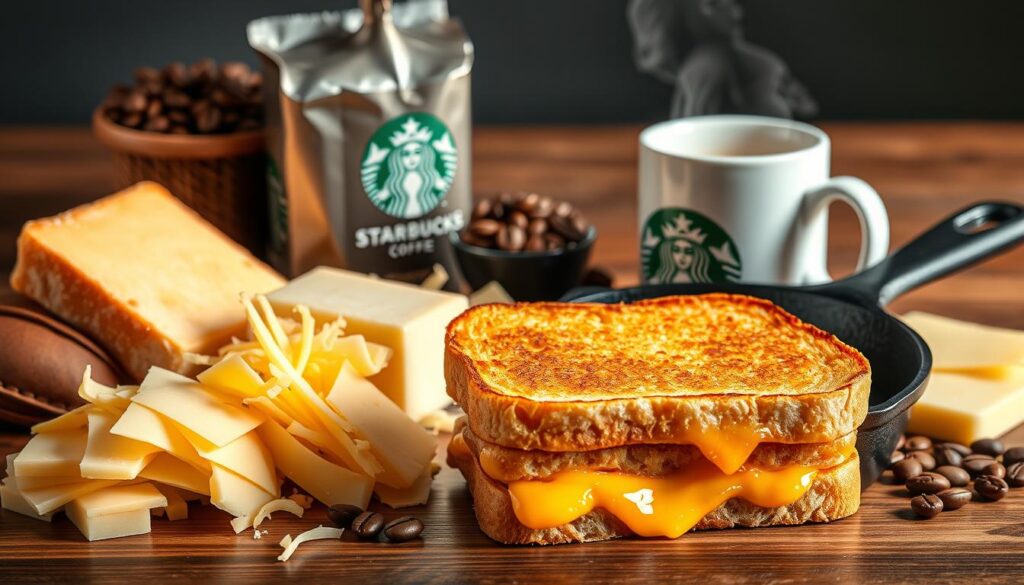 A bright, well-lit still life depicting the essential ingredients for a Starbucks grilled cheese sandwich. In the foreground, a pile of freshly sliced sourdough bread, glistening with butter. Beside it, a selection of melty cheeses - sharp cheddar, creamy swiss, and tangy provolone. In the middle ground, a cast iron skillet with a golden-brown grilled cheese sandwich, its crisp exterior revealing the molten, oozing cheese inside. In the background, a group of Starbucks coffee beans and a steaming mug of their signature house blend, hinting at the perfect pairing. The composition is arranged with careful attention to balance and harmony, creating a mouthwatering scene that invites the viewer to experience the comforting flavors of this classic Starbucks dish. A bright, well-lit still life depicting the essential ingredients for a Starbucks grilled cheese sandwich. In the foreground, a pile of freshly sliced sourdough bread, glistening with butter. Beside it, a selection of melty cheeses - sharp cheddar, creamy swiss, and tangy provolone. In the middle ground, a cast iron skillet with a golden-brown grilled cheese sandwich, its crisp exterior revealing the molten, oozing cheese inside. In the background, a group of Starbucks coffee beans and a steaming mug of their signature house blend, hinting at the perfect pairing. The composition is arranged with careful attention to balance and harmony, creating a mouthwatering scene that invites the viewer to experience the comforting flavors of this classic Starbucks dish.