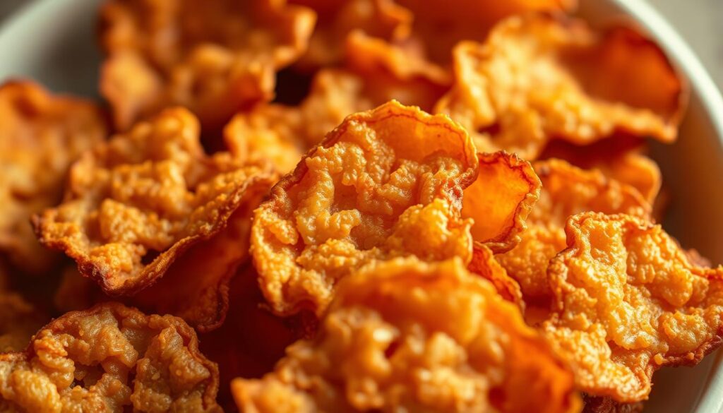 A close-up view of crispy, golden-brown chicken skin chips, arranged in an artful display. The skin's surface features intricate textures and patterns, with tiny air pockets and a delicate, crackly finish. The lighting is soft and warm, creating a tantalizing, almost ethereal atmosphere. The chips are set against a simple, neutral background that allows their visual qualities to shine. The composition emphasizes the depth and complexity of the chicken skin, inviting the viewer to examine its unique sensory properties - the satisfying crunch, the rich, savory flavor, and the melt-in-your-mouth tenderness. This image aims to capture the essence of what makes "chicken crack" so irresistibly delicious. A close-up view of crispy, golden-brown chicken skin chips, arranged in an artful display. The skin's surface features intricate textures and patterns, with tiny air pockets and a delicate, crackly finish. The lighting is soft and warm, creating a tantalizing, almost ethereal atmosphere. The chips are set against a simple, neutral background that allows their visual qualities to shine. The composition emphasizes the depth and complexity of the chicken skin, inviting the viewer to examine its unique sensory properties - the satisfying crunch, the rich, savory flavor, and the melt-in-your-mouth tenderness. This image aims to capture the essence of what makes "chicken crack" so irresistibly delicious.