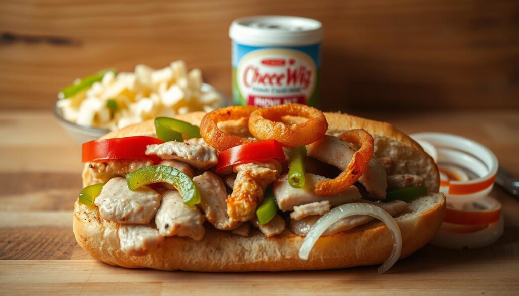 A close-up, well-lit photograph of a selection of essential ingredients for a Chicken Philly Cheesesteak sandwich. In the foreground, crisply seared chicken breast strips, freshly sliced bell peppers, and sautéed onion rings are arranged atop a toasted hoagie bun. In the middle ground, grated Provolone cheese and creamy Cheese Whiz are visible, ready to be melted over the warm ingredients. The background features a simple wooden table or countertop, creating a rustic, homemade aesthetic. The lighting is soft and natural, highlighting the vibrant colors and textures of the fresh, high-quality ingredients. An inviting, mouthwatering scene that perfectly captures the essence of a classic Chicken Philly Cheesesteak. A close-up, well-lit photograph of a selection of essential ingredients for a Chicken Philly Cheesesteak sandwich. In the foreground, crisply seared chicken breast strips, freshly sliced bell peppers, and sautéed onion rings are arranged atop a toasted hoagie bun. In the middle ground, grated Provolone cheese and creamy Cheese Whiz are visible, ready to be melted over the warm ingredients. The background features a simple wooden table or countertop, creating a rustic, homemade aesthetic. The lighting is soft and natural, highlighting the vibrant colors and textures of the fresh, high-quality ingredients. An inviting, mouthwatering scene that perfectly captures the essence of a classic Chicken Philly Cheesesteak.