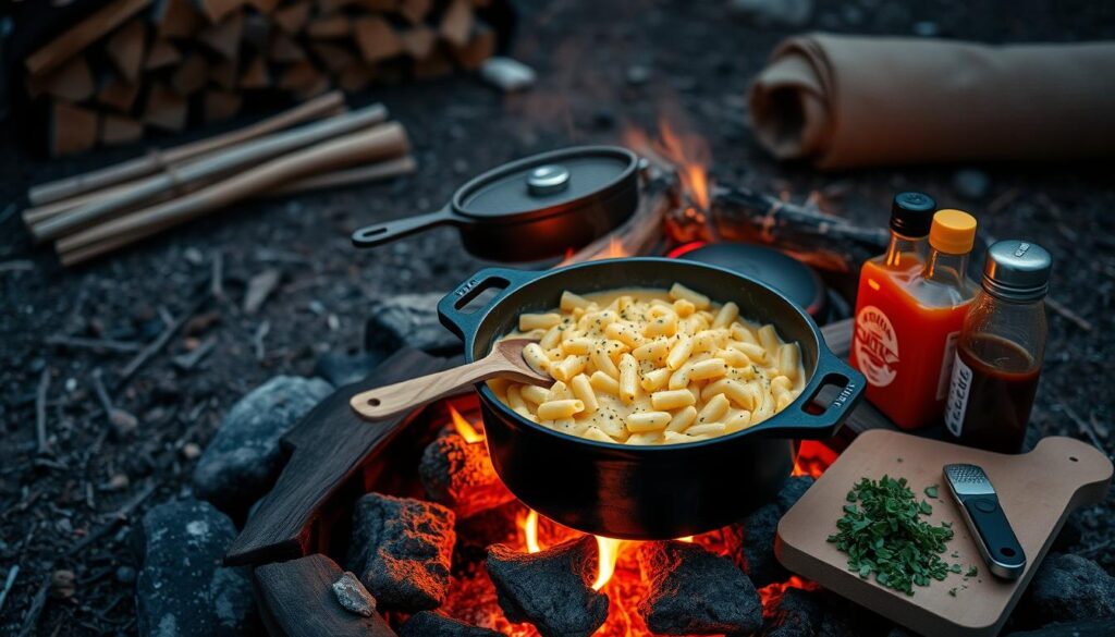 A cozy campfire setup with a cast iron dutch oven simmering a creamy, cheesy mac and cheese. The pot is surrounded by various cooking tools and equipment - a wooden spoon, a ladle, a cheese grater, a bottle of hot sauce, and a cutting board with freshly chopped herbs. The warm firelight casts a soft glow over the scene, creating an inviting and rustic atmosphere. In the background, a stack of firewood and a rolled-up camping mat suggest a remote, outdoor setting. The focus is on the mac and cheese and the tools needed to prepare this comforting, smoky dish.