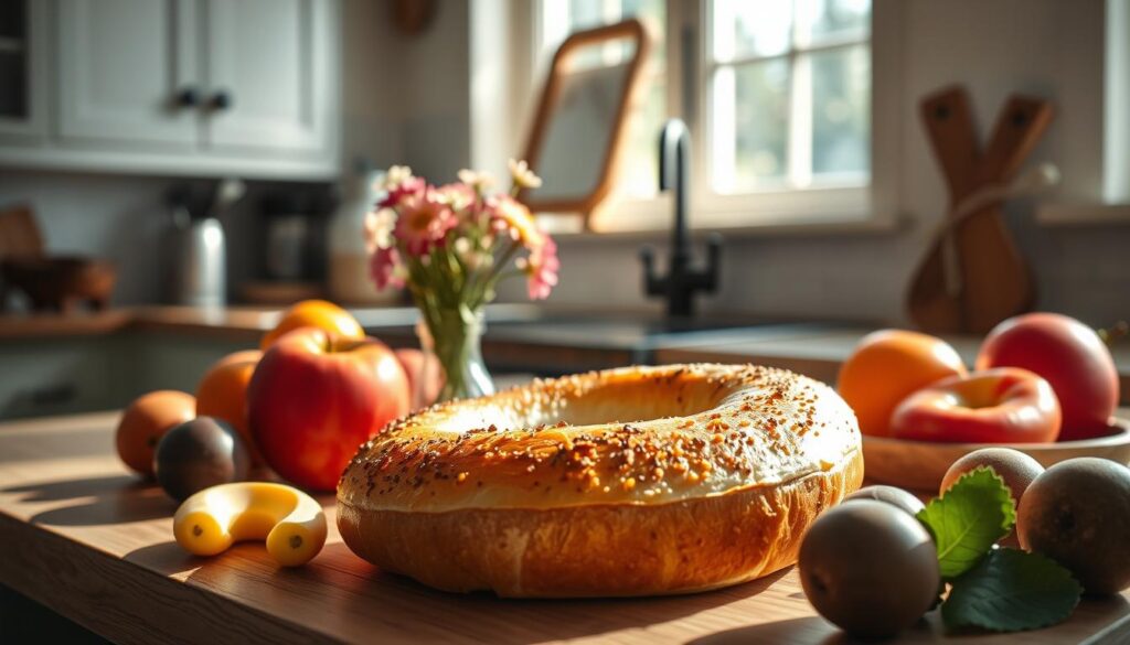 A cozy kitchen counter is adorned with a freshly baked cottage cheese bagel, its toasted surface glistening in the soft, natural light streaming through the window. The bagel is surrounded by an array of vibrant, sun-kissed fruits and a small vase of wildflowers, creating a inviting, artisanal scene. In the background, a vintage-inspired social media frame hovers, hinting at the growing online trend of this nutritious, yet indulgent breakfast staple. The overall mood is one of rustic elegance and a renewed appreciation for simple, wholesome ingredients. A cozy kitchen counter is adorned with a freshly baked cottage cheese bagel, its toasted surface glistening in the soft, natural light streaming through the window. The bagel is surrounded by an array of vibrant, sun-kissed fruits and a small vase of wildflowers, creating a inviting, artisanal scene. In the background, a vintage-inspired social media frame hovers, hinting at the growing online trend of this nutritious, yet indulgent breakfast staple. The overall mood is one of rustic elegance and a renewed appreciation for simple, wholesome ingredients.