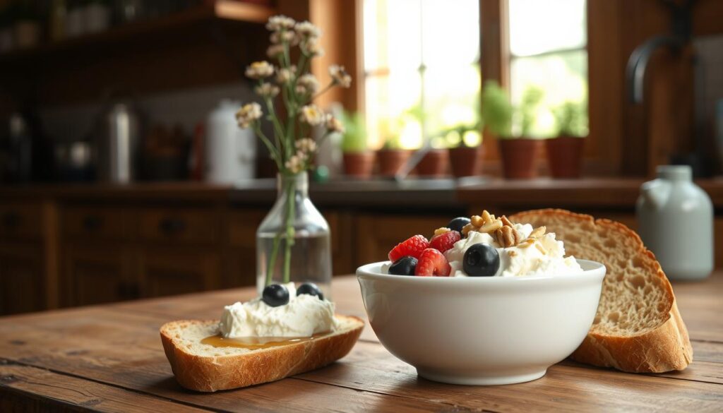 A cozy kitchen counter with a rustic wooden surface, bathed in warm, natural lighting from a large window. In the foreground, a white ceramic bowl filled with creamy cottage cheese, garnished with fresh berries, a drizzle of honey, and a sprinkle of chopped nuts. Beside the bowl, a slice of toasted sourdough bread, lightly buttered. In the middle ground, a simple vase of wildflowers adds a touch of color and charm. The background features a row of potted herbs on the windowsill, hinting at the wholesome, homemade nature of the scene. The atmosphere is one of comforting simplicity, inviting the viewer to savor a nourishing and delightful cottage cheese breakfast. A cozy kitchen counter with a rustic wooden surface, bathed in warm, natural lighting from a large window. In the foreground, a white ceramic bowl filled with creamy cottage cheese, garnished with fresh berries, a drizzle of honey, and a sprinkle of chopped nuts. Beside the bowl, a slice of toasted sourdough bread, lightly buttered. In the middle ground, a simple vase of wildflowers adds a touch of color and charm. The background features a row of potted herbs on the windowsill, hinting at the wholesome, homemade nature of the scene. The atmosphere is one of comforting simplicity, inviting the viewer to savor a nourishing and delightful cottage cheese breakfast.