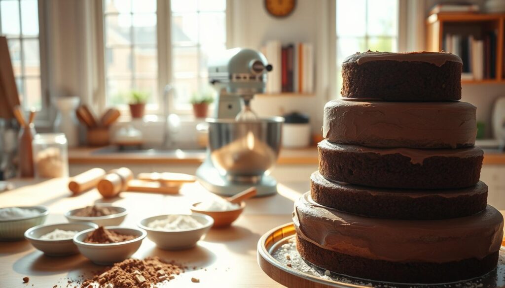 A cozy kitchen scene with a three-tiered gluten-free chocolate cake in the foreground, fresh from the oven. Sunlight streams through large windows, casting a warm glow on the countertops covered in baking ingredients - cocoa powder, sugar, and flour. In the middle ground, a mixer whirrs, blending the batter. In the background, shelves hold cookbooks and baking tools. A sense of care and attention to detail permeates the scene, reflecting the passion for creating a delectable gluten-free treat. A cozy kitchen scene with a three-tiered gluten-free chocolate cake in the foreground, fresh from the oven. Sunlight streams through large windows, casting a warm glow on the countertops covered in baking ingredients - cocoa powder, sugar, and flour. In the middle ground, a mixer whirrs, blending the batter. In the background, shelves hold cookbooks and baking tools. A sense of care and attention to detail permeates the scene, reflecting the passion for creating a delectable gluten-free treat.