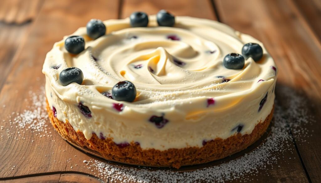 A creamy and luscious cottage cheese cheesecake with a buttery graham cracker crust, set against a backdrop of a rustic wooden table. Soft, fluffy clouds of cream cheese and cottage cheese are swirled together, dotted with plump blueberries and a dusting of powdered sugar. The warm, golden glow of soft, directional lighting casts a cozy, inviting atmosphere, highlighting the dreamy, indulgent texture of the cheesecake. The camera is positioned at a low angle, emphasizing the depth and richness of the dessert, framed by the natural, weathered wooden table surface. A creamy and luscious cottage cheese cheesecake with a buttery graham cracker crust, set against a backdrop of a rustic wooden table. Soft, fluffy clouds of cream cheese and cottage cheese are swirled together, dotted with plump blueberries and a dusting of powdered sugar. The warm, golden glow of soft, directional lighting casts a cozy, inviting atmosphere, highlighting the dreamy, indulgent texture of the cheesecake. The camera is positioned at a low angle, emphasizing the depth and richness of the dessert, framed by the natural, weathered wooden table surface.