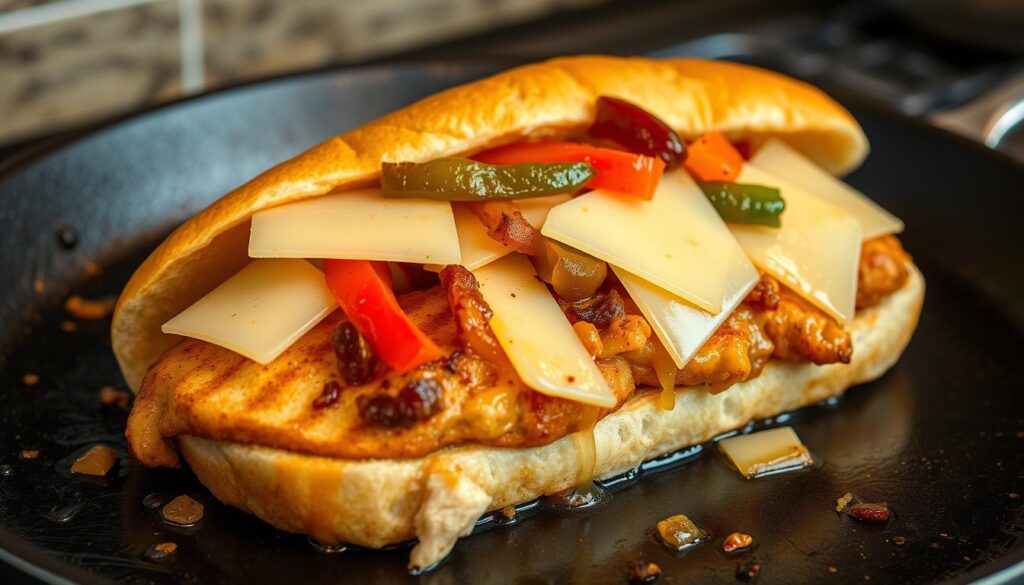 A crisp, golden-brown chicken breast is sliced and sizzling on a hot skillet, fresh off the griddle. Slices of melted provolone cheese cascade over the tender meat, creating a luscious, gooey topping. Sautéed bell peppers and onions add pops of color and sweet, savory flavors, mingling with the chicken and cheese. The sandwich is nestled between two soft, toasted hoagie buns, ready to be enjoyed. Overhead lighting casts a warm, inviting glow, highlighting the inviting textures and mouthwatering details of this quick and delectable Chicken Philly Cheesesteak. A crisp, golden-brown chicken breast is sliced and sizzling on a hot skillet, fresh off the griddle. Slices of melted provolone cheese cascade over the tender meat, creating a luscious, gooey topping. Sautéed bell peppers and onions add pops of color and sweet, savory flavors, mingling with the chicken and cheese. The sandwich is nestled between two soft, toasted hoagie buns, ready to be enjoyed. Overhead lighting casts a warm, inviting glow, highlighting the inviting textures and mouthwatering details of this quick and delectable Chicken Philly Cheesesteak.
