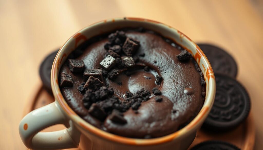 A delectable Oreo mug cake, nestled in a cozy ceramic mug, its rich, chocolatey batter glistening under warm, soft lighting. The cake's surface is adorned with crumbled Oreo cookies, creating a tantalizing contrast against the dark, moist interior. Captured from a low, close-up angle, the mug sits atop a wooden surface, surrounded by a minimalist, neutral-toned background that allows the dessert to take center stage. The composition conveys a sense of indulgence and the ultimate quick, satisfying solution for a decadent, homemade treat. A delectable Oreo mug cake, nestled in a cozy ceramic mug, its rich, chocolatey batter glistening under warm, soft lighting. The cake's surface is adorned with crumbled Oreo cookies, creating a tantalizing contrast against the dark, moist interior. Captured from a low, close-up angle, the mug sits atop a wooden surface, surrounded by a minimalist, neutral-toned background that allows the dessert to take center stage. The composition conveys a sense of indulgence and the ultimate quick, satisfying solution for a decadent, homemade treat.