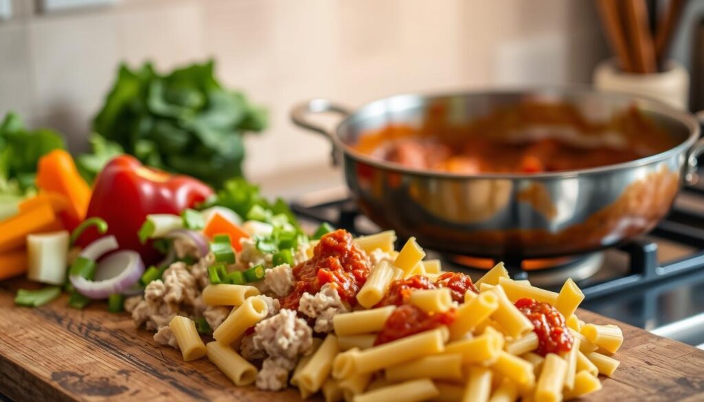 A detailed, close-up view of the classic preparation steps for Chicken Riggies. The foreground features freshly chopped chicken, bell peppers, onions, and rigatoni pasta arranged neatly on a rustic wooden cutting board. The middle ground shows a stainless steel sauté pan filled with a rich, creamy tomato-based sauce, gently simmering over a warm stovetop with soft, ambient lighting. The background is blurred, hinting at a simple, uncluttered kitchen environment. The overall scene conveys a sense of homemade, comforting Italian cuisine in the making. A detailed, close-up view of the classic preparation steps for Chicken Riggies. The foreground features freshly chopped chicken, bell peppers, onions, and rigatoni pasta arranged neatly on a rustic wooden cutting board. The middle ground shows a stainless steel sauté pan filled with a rich, creamy tomato-based sauce, gently simmering over a warm stovetop with soft, ambient lighting. The background is blurred, hinting at a simple, uncluttered kitchen environment. The overall scene conveys a sense of homemade, comforting Italian cuisine in the making.