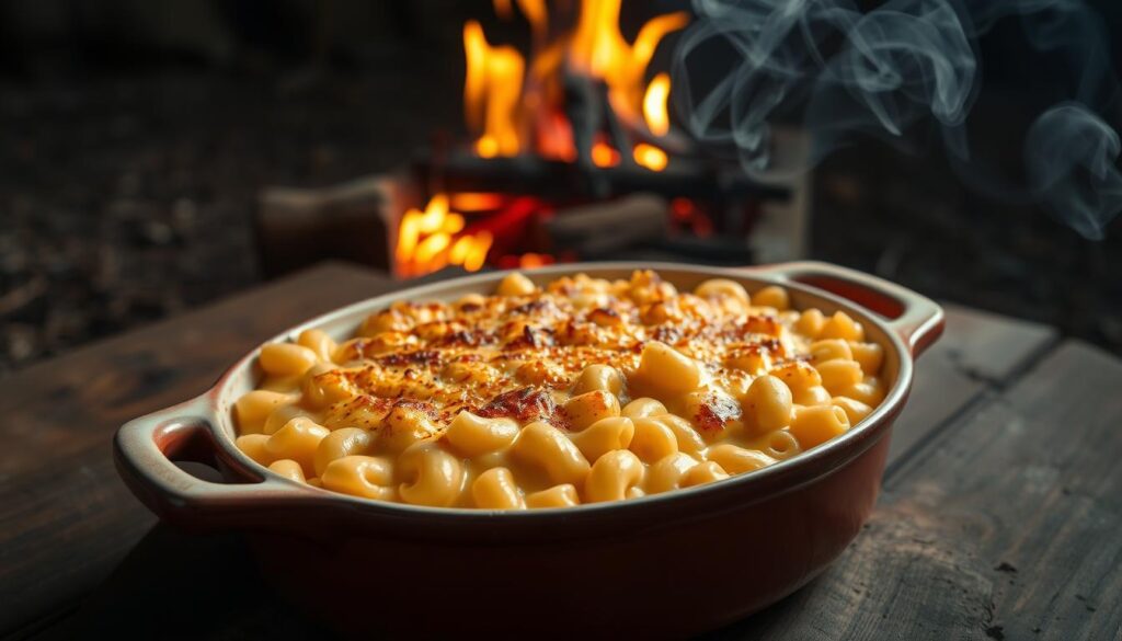 A gently smoldering campfire casts a warm, golden glow over a large ceramic baking dish filled with creamy, amber-colored mac and cheese. The top is lightly crusted with a rich, smoky cheese topping, while the interior reveals thick, tender macaroni noodles enveloped in a velvety, slightly charred cheese sauce. Wisps of smoke drift upwards, hinting at the deep, complex flavors within. The scene is framed by a rustic, wooden table, suggesting a cozy, intimate setting perfect for savoring this ultimate comfort food creation. Captured with a wide-angle lens, the image invites the viewer to lean in and experience the enticing aroma and texture of this smoked mac and cheese.