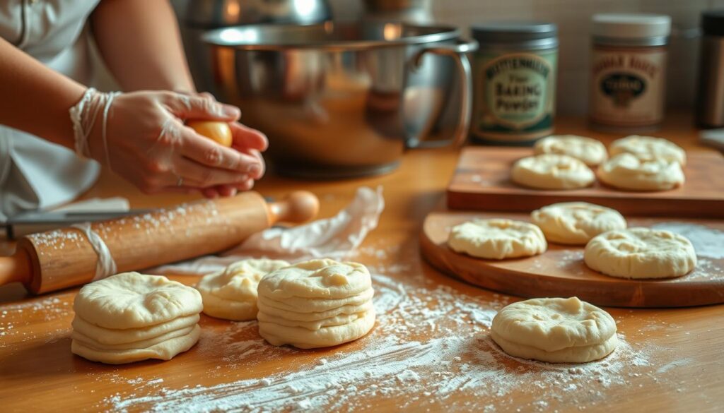 A golden-hued kitchen counter, softly lit, with a scatter of fresh buttermilk biscuits in the foreground. Flour-dusted hands knead and shape the dough, creating flaky layers. A rolling pin sits nearby, and a wooden board holds the perfect biscuit shapes, ready for the oven. In the background, a stainless steel mixing bowl and a vintage tin of baking powder hint at the time-honored process. The scene exudes a cozy, homespun atmosphere, capturing the essence of mastering the buttermilk biscuit base.