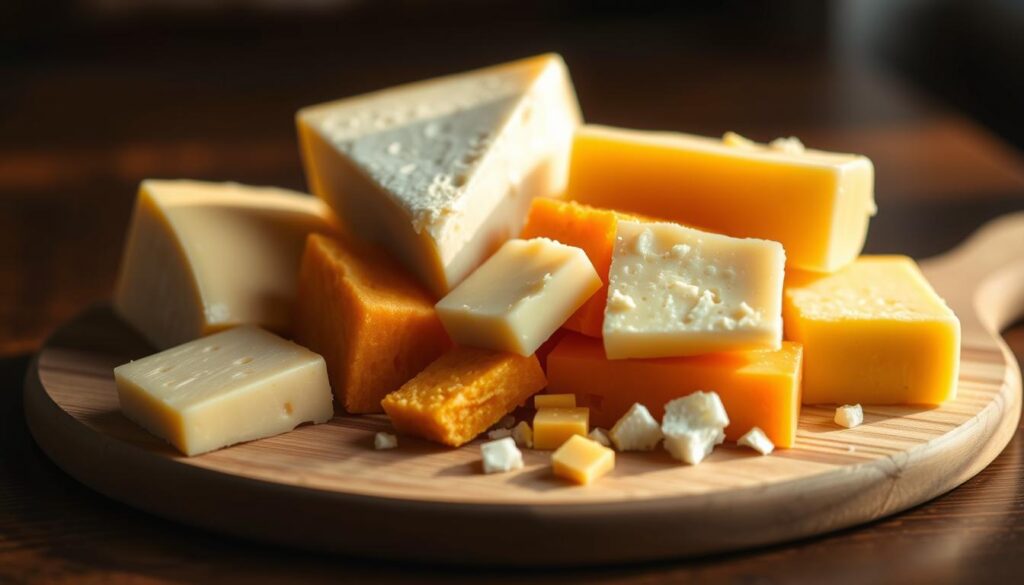 A gourmet cheese blend for Starbucks' signature grilled cheese, resting on a wooden cutting board. Soft, semi-soft, and hard cheeses in shades of yellow, white, and orange are meticulously arranged, their textures and flavors complementing each other. Gentle hues of natural light cast a warm glow, highlighting the artisanal quality of the cheese selection. The scene evokes an atmosphere of culinary sophistication and attention to detail, befitting the renowned Starbucks brand. A shallow depth of field places the focus squarely on the cheese, inviting the viewer to imagine the rich, melty goodness of the perfect grilled cheese. A gourmet cheese blend for Starbucks' signature grilled cheese, resting on a wooden cutting board. Soft, semi-soft, and hard cheeses in shades of yellow, white, and orange are meticulously arranged, their textures and flavors complementing each other. Gentle hues of natural light cast a warm glow, highlighting the artisanal quality of the cheese selection. The scene evokes an atmosphere of culinary sophistication and attention to detail, befitting the renowned Starbucks brand. A shallow depth of field places the focus squarely on the cheese, inviting the viewer to imagine the rich, melty goodness of the perfect grilled cheese.