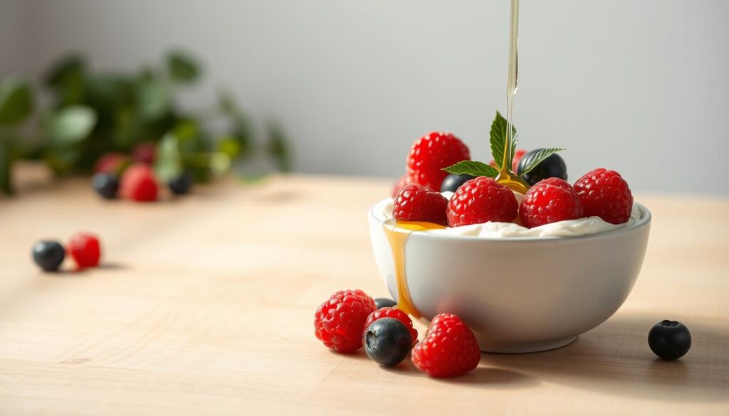 A healthy and delightful cottage cheese dessert, presented on a light wooden table. In the foreground, a small bowl of low-calorie cottage cheese, delicately garnished with fresh berries and a drizzle of honey. The middle ground features a subtle, natural light illuminating the dessert, creating a soft, inviting atmosphere. In the background, a simple, minimalist setting with hints of greenery, evoking a sense of purity and wellness. The overall scene conveys the healthful and indulgent nature of this cottage cheese-based treat, suitable for a guilt-free dessert or snack. A healthy and delightful cottage cheese dessert, presented on a light wooden table. In the foreground, a small bowl of low-calorie cottage cheese, delicately garnished with fresh berries and a drizzle of honey. The middle ground features a subtle, natural light illuminating the dessert, creating a soft, inviting atmosphere. In the background, a simple, minimalist setting with hints of greenery, evoking a sense of purity and wellness. The overall scene conveys the healthful and indulgent nature of this cottage cheese-based treat, suitable for a guilt-free dessert or snack.