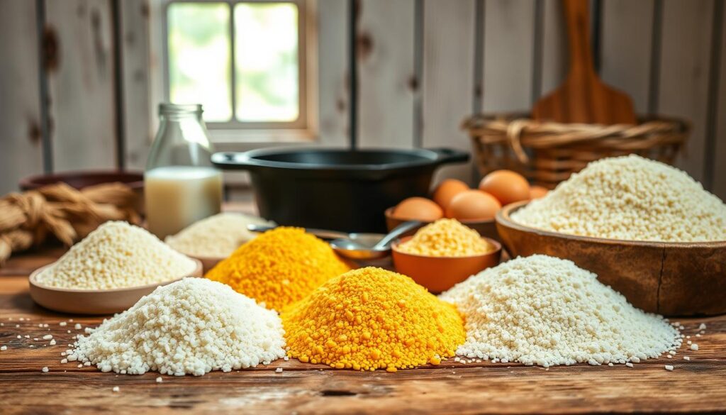 A high-quality still life photograph showcasing various cornmeal varieties on a rustic wooden table. In the foreground, several small piles of cornmeal in different colors and textures - white, yellow, coarse, fine - arranged neatly. The middle ground features a cast iron skillet, a small spoon, and a few fresh hoe cake batter ingredients like milk and eggs. The background depicts a simple kitchen interior with weathered wood paneling, soft natural lighting filtering through a window. The overall mood is warm, inviting, and highlights the artisanal quality of these traditional cornmeal ingredients. A high-quality still life photograph showcasing various cornmeal varieties on a rustic wooden table. In the foreground, several small piles of cornmeal in different colors and textures - white, yellow, coarse, fine - arranged neatly. The middle ground features a cast iron skillet, a small spoon, and a few fresh hoe cake batter ingredients like milk and eggs. The background depicts a simple kitchen interior with weathered wood paneling, soft natural lighting filtering through a window. The overall mood is warm, inviting, and highlights the artisanal quality of these traditional cornmeal ingredients.