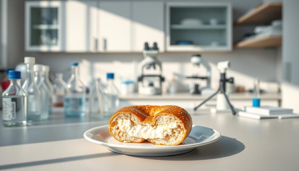 A high-resolution image of a laboratory setting with a tidy workspace. In the foreground, a plate displays a cottage cheese bagel, its cross-section revealing the cottage cheese filling. Soft, natural lighting illuminates the scene, casting gentle shadows. In the middle ground, scientific equipment such as beakers, pipettes, and a microscope are arranged, hinting at the analytical process. The background depicts clean, modern cabinetry and shelving, suggesting a professional research environment. The overall mood is one of careful examination and scientific inquiry, inviting the viewer to explore the nutritional science behind the cottage cheese bagel. A high-resolution image of a laboratory setting with a tidy workspace. In the foreground, a plate displays a cottage cheese bagel, its cross-section revealing the cottage cheese filling. Soft, natural lighting illuminates the scene, casting gentle shadows. In the middle ground, scientific equipment such as beakers, pipettes, and a microscope are arranged, hinting at the analytical process. The background depicts clean, modern cabinetry and shelving, suggesting a professional research environment. The overall mood is one of careful examination and scientific inquiry, inviting the viewer to explore the nutritional science behind the cottage cheese bagel.