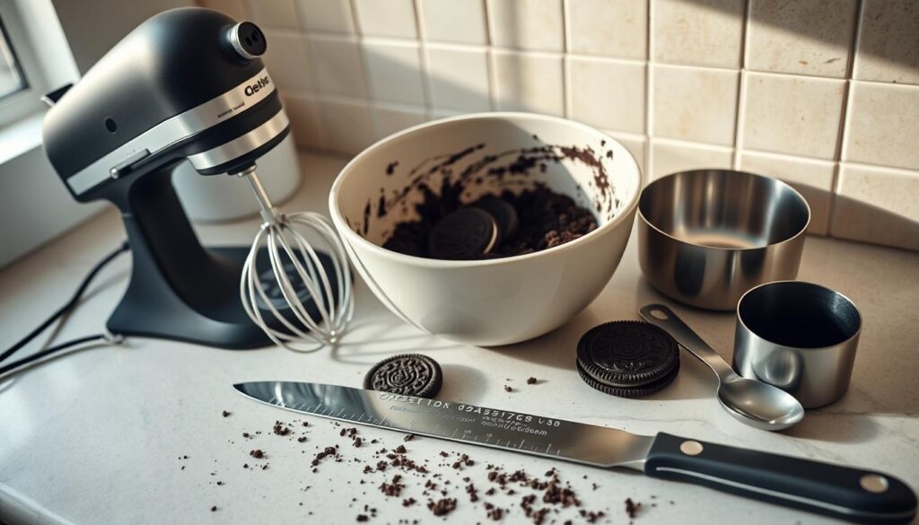 A kitchen countertop filled with essential tools for creating the perfect Oreo dirt cake: a large mixing bowl, a handheld electric mixer, a sturdy spatula, a serrated knife for slicing Oreo cookies, and a set of measuring cups and spoons. Soft, natural lighting illuminates the scene, highlighting the matte black and stainless steel finishes of the utensils. The arrangement conveys a sense of culinary preparation, ready to transform simple ingredients into a delightful dessert. The overall mood is one of organized efficiency, hinting at the straightforward process of making the Oreo dirt cake.