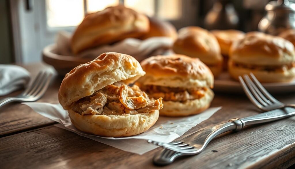 A neatly arranged Southern-style chicken biscuit, the golden-brown flaky pastry enveloping tender, juicy chicken. Soft, comforting light from a window bathes the scene, casting warm shadows across the table. Antique silver cutlery and a worn wooden surface evoke nostalgic, homespun charm. The aroma of freshly baked bread and savory herbs wafts through the air, promising a richly satisfying, time-honored culinary tradition. A sense of country-kitchen coziness and familiar, family-gathered comfort permeates the image.