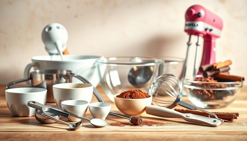 A neatly arranged collection of baking tools for chocolate cake preparation, captured in a warm, inviting still life against a soft, neutral background. In the foreground, a set of measuring cups and spoons, a whisk, and a spatula rest on a wooden surface. In the middle ground, a sifter, a hand mixer, and a set of mixing bowls in various sizes take center stage. In the background, a glass bowl filled with cocoa powder, a block of dark chocolate, and a few whole cinnamon sticks add depth and complexity to the scene. The lighting is soft and natural, creating gentle shadows and highlights that emphasize the textures and colors of the tools. The overall mood is one of culinary anticipation and the promise of a delectable chocolate cake to come. A neatly arranged collection of baking tools for chocolate cake preparation, captured in a warm, inviting still life against a soft, neutral background. In the foreground, a set of measuring cups and spoons, a whisk, and a spatula rest on a wooden surface. In the middle ground, a sifter, a hand mixer, and a set of mixing bowls in various sizes take center stage. In the background, a glass bowl filled with cocoa powder, a block of dark chocolate, and a few whole cinnamon sticks add depth and complexity to the scene. The lighting is soft and natural, creating gentle shadows and highlights that emphasize the textures and colors of the tools. The overall mood is one of culinary anticipation and the promise of a delectable chocolate cake to come.