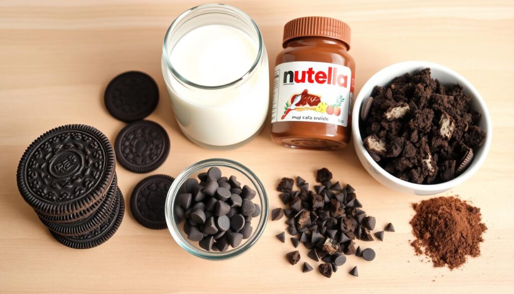 A neatly arranged flat-lay of various Oreo cookie ingredients, including a stack of Oreo cookies, a bowl of crushed Oreo crumbs, a jar of Nutella or chocolate hazelnut spread, a glass of milk, and a small pile of chocolate chips or cocoa powder. The ingredients are evenly distributed across a wooden or marble surface, with soft, even lighting from the side, creating a warm, appetizing atmosphere. The focus is on the key elements needed to make a delicious Oreo mug cake, showcasing their textures and colors in an organized, visually appealing composition. A neatly arranged flat-lay of various Oreo cookie ingredients, including a stack of Oreo cookies, a bowl of crushed Oreo crumbs, a jar of Nutella or chocolate hazelnut spread, a glass of milk, and a small pile of chocolate chips or cocoa powder. The ingredients are evenly distributed across a wooden or marble surface, with soft, even lighting from the side, creating a warm, appetizing atmosphere. The focus is on the key elements needed to make a delicious Oreo mug cake, showcasing their textures and colors in an organized, visually appealing composition.