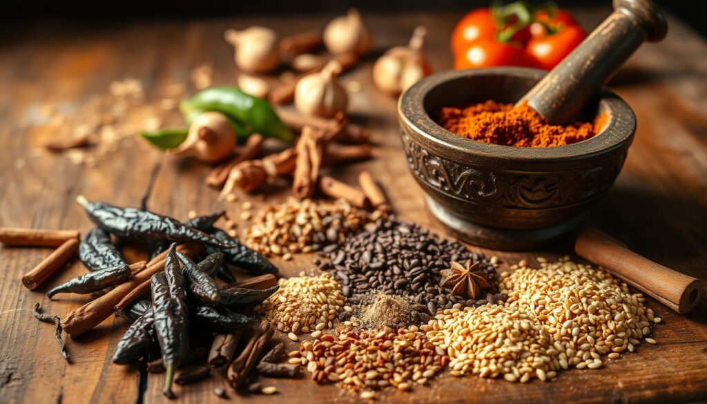A neatly arranged spread of essential mole poblano ingredients on a rustic wooden surface. In the foreground, an array of dried chiles, toasted sesame seeds, and fragrant spices like cinnamon and cloves, meticulously placed. The middle ground features a molcajete (traditional mortar and pestle) filled with freshly ground spices, casting warm, earthy shadows. In the background, a scattering of roasted garlic, onions, and tomatoes, hinting at the deep, complex flavors to come. Soft, diffused lighting illuminates the scene, creating a sense of culinary anticipation and authentic Mexican cuisine. A neatly arranged spread of essential mole poblano ingredients on a rustic wooden surface. In the foreground, an array of dried chiles, toasted sesame seeds, and fragrant spices like cinnamon and cloves, meticulously placed. The middle ground features a molcajete (traditional mortar and pestle) filled with freshly ground spices, casting warm, earthy shadows. In the background, a scattering of roasted garlic, onions, and tomatoes, hinting at the deep, complex flavors to come. Soft, diffused lighting illuminates the scene, creating a sense of culinary anticipation and authentic Mexican cuisine.