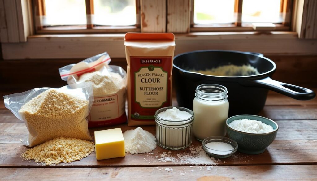 A neatly arranged spread of freshly milled cornmeal, all-purpose flour, buttermilk, butter, salt, and a cast-iron skillet against a rustic wooden backdrop. Soft, natural lighting from a window casts a warm glow, highlighting the simple yet essential ingredients for traditional Southern hoe cakes. The scene exudes a sense of homespun comfort and authenticity, inviting the viewer to imagine the aroma and texture of this timeless comfort food. A neatly arranged spread of freshly milled cornmeal, all-purpose flour, buttermilk, butter, salt, and a cast-iron skillet against a rustic wooden backdrop. Soft, natural lighting from a window casts a warm glow, highlighting the simple yet essential ingredients for traditional Southern hoe cakes. The scene exudes a sense of homespun comfort and authenticity, inviting the viewer to imagine the aroma and texture of this timeless comfort food.