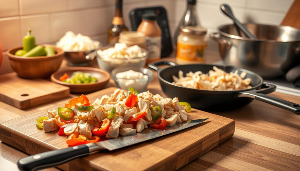 A neatly organized kitchen countertop with various cooking tools for preparing a delicious chicken Philly cheesesteak. In the foreground, a wooden cutting board with freshly sliced chicken, bell peppers, and onions. Next to it, a cast-iron skillet, a sharp chef's knife, and a stainless steel spatula. In the middle ground, a bowl of shredded mozzarella cheese and a jar of tangy cheese spread. In the background, a stainless steel mixing bowl, a digital meat thermometer, and a pair of kitchen tongs. The scene is bathed in warm, diffused lighting, creating a cozy, inviting atmosphere for the perfect homemade cheesesteak. A neatly organized kitchen countertop with various cooking tools for preparing a delicious chicken Philly cheesesteak. In the foreground, a wooden cutting board with freshly sliced chicken, bell peppers, and onions. Next to it, a cast-iron skillet, a sharp chef's knife, and a stainless steel spatula. In the middle ground, a bowl of shredded mozzarella cheese and a jar of tangy cheese spread. In the background, a stainless steel mixing bowl, a digital meat thermometer, and a pair of kitchen tongs. The scene is bathed in warm, diffused lighting, creating a cozy, inviting atmosphere for the perfect homemade cheesesteak.