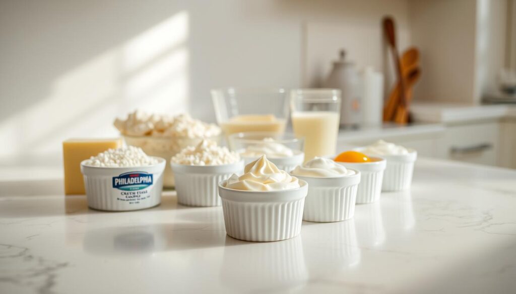 A pristine kitchen counter, bathed in soft, natural lighting. In the center, an array of cream cheese filling ingredients - fresh Philadelphia cream cheese, granulated sugar, large eggs, sour cream, and a hint of vanilla extract - arranged in small ceramic ramekins. The creamy textures and warm tones create an inviting, culinary scene, hinting at the delectable confection to come. The camera captures the scene from a slight high angle, emphasizing the careful arrangement and quality of the components. An atmosphere of homemade indulgence pervades the composition, beckoning the viewer to imagine the perfect cream cheese filling taking shape. A pristine kitchen counter, bathed in soft, natural lighting. In the center, an array of cream cheese filling ingredients - fresh Philadelphia cream cheese, granulated sugar, large eggs, sour cream, and a hint of vanilla extract - arranged in small ceramic ramekins. The creamy textures and warm tones create an inviting, culinary scene, hinting at the delectable confection to come. The camera captures the scene from a slight high angle, emphasizing the careful arrangement and quality of the components. An atmosphere of homemade indulgence pervades the composition, beckoning the viewer to imagine the perfect cream cheese filling taking shape.