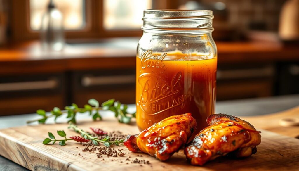 A rustic still life depicting a mason jar filled with a rich, golden-hued cowboy butter chicken wing marinade. The marinade glistens under warm, natural lighting, casting a soft, inviting glow. In the foreground, a pair of freshly grilled chicken wings, charred to perfection, are arranged alongside a scattering of fragrant herbs and spices. The middle ground features a wooden cutting board, weathered and textured, providing a solid foundation for the scene. The background is blurred, suggesting a cozy, farmhouse-style kitchen, hinting at the homemade, comforting nature of the dish. The overall composition evokes a sense of bold, unapologetic flavor and the allure of the American West.