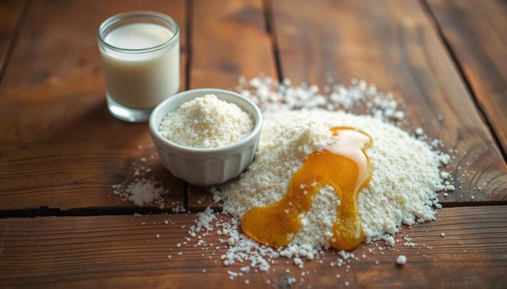 A rustic wooden table, illuminated by soft, natural lighting. Atop the table, a variety of ingredients sit in harmony - a pile of freshly ground cornmeal, a small bowl of creamy buttermilk, a sprinkle of coarse sea salt, and a drizzle of golden honey. The focus is on the simplicity and authenticity of the hoe cake recipe, with the ingredients arranged in a visually appealing manner, evoking a sense of traditional, homemade cooking. The overall mood is one of warmth, comfort, and the timeless appeal of this classic Southern dish. A rustic wooden table, illuminated by soft, natural lighting. Atop the table, a variety of ingredients sit in harmony - a pile of freshly ground cornmeal, a small bowl of creamy buttermilk, a sprinkle of coarse sea salt, and a drizzle of golden honey. The focus is on the simplicity and authenticity of the hoe cake recipe, with the ingredients arranged in a visually appealing manner, evoking a sense of traditional, homemade cooking. The overall mood is one of warmth, comfort, and the timeless appeal of this classic Southern dish.