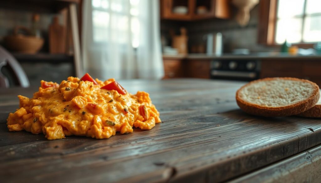 A rustic wooden table set with a generous portion of homemade Southern pimento cheese, its vibrant orange hue glistening against the weathered surface. Flecks of pimento peppers and specks of fresh black pepper punctuate the creamy, spreadable texture. Overhead, soft, warm light filters through a lace curtain, casting a gentle glow on the simple, yet comforting dish. In the background, a glimpse of a well-worn kitchen, hinting at generations of hands that have prepared this beloved Southern delicacy. The atmosphere exudes a sense of timeless tradition and familial comfort. A rustic wooden table set with a generous portion of homemade Southern pimento cheese, its vibrant orange hue glistening against the weathered surface. Flecks of pimento peppers and specks of fresh black pepper punctuate the creamy, spreadable texture. Overhead, soft, warm light filters through a lace curtain, casting a gentle glow on the simple, yet comforting dish. In the background, a glimpse of a well-worn kitchen, hinting at generations of hands that have prepared this beloved Southern delicacy. The atmosphere exudes a sense of timeless tradition and familial comfort.