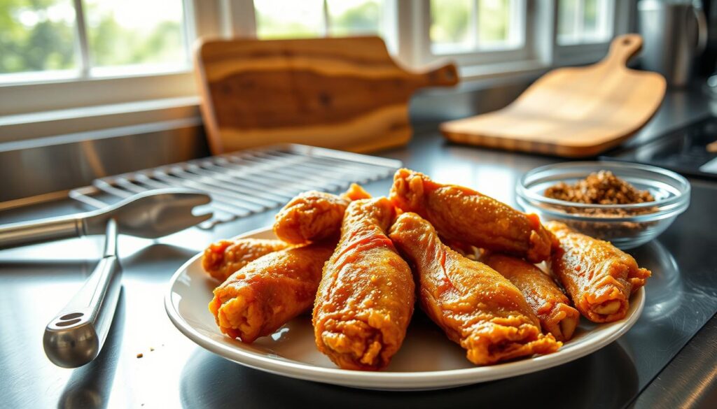 A stainless steel kitchen counter, brightly lit by natural light filtering through large windows. In the foreground, a plate showcases freshly fried chicken wings, the skin glistening with a golden-brown, crispy exterior. Droplets of oil shimmer on the surface, hinting at the tender, juicy meat within. Surrounding the plate, a collection of cooking utensils, including a pair of tongs, a wire rack, and a shallow bowl filled with a seasoning blend of herbs and spices. In the background, a weathered wooden cutting board stands in contrast, suggesting the preparation process. The scene exudes a sense of culinary mastery, inviting the viewer to imagine the delectable flavors and satisfying crunch of the perfect crispy chicken wings.