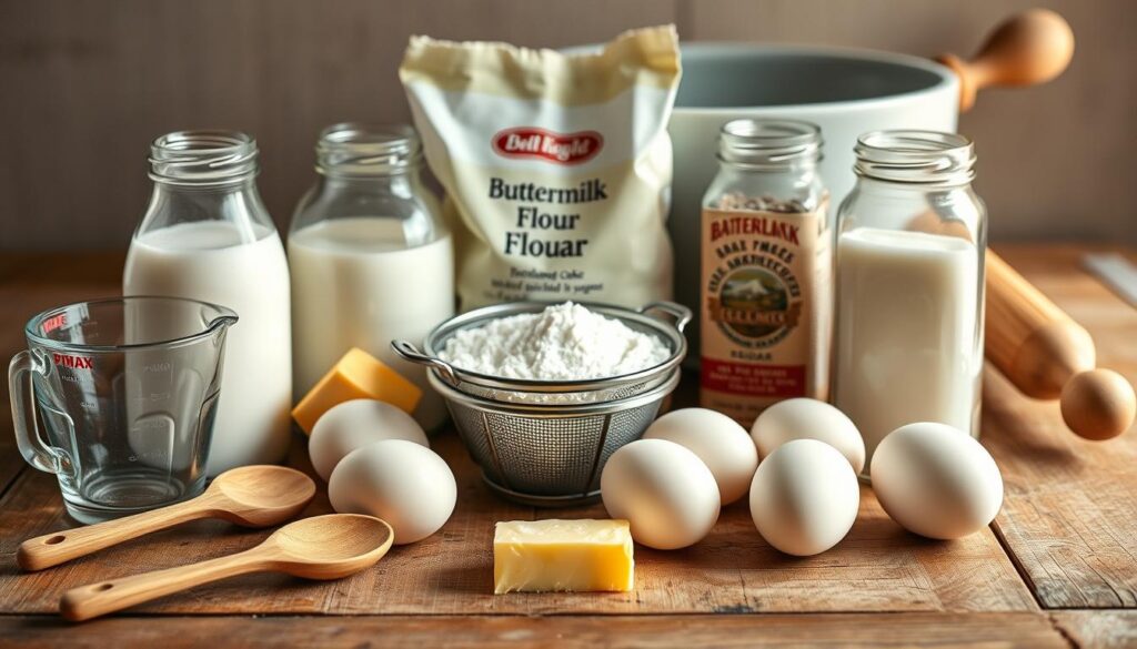 A still life arrangement of baking ingredients for a classic buttermilk cake, meticulously placed on a rustic wooden surface. In the foreground, a glass measuring cup, a wooden spoon, and a pat of butter sit alongside fresh eggs and a carton of buttermilk. In the middle ground, a sifter, a bag of all-purpose flour, and a jar of granulated sugar create a symmetrical composition. The background is softly blurred, with a vintage mixing bowl and a rolling pin hinting at the baking process to come. The lighting is warm and natural, casting gentle shadows that accentuate the textures of the ingredients. The overall mood is one of homey, comforting baking, inviting the viewer to imagine the delicious buttermilk cake to be created from these essential elements. A still life arrangement of baking ingredients for a classic buttermilk cake, meticulously placed on a rustic wooden surface. In the foreground, a glass measuring cup, a wooden spoon, and a pat of butter sit alongside fresh eggs and a carton of buttermilk. In the middle ground, a sifter, a bag of all-purpose flour, and a jar of granulated sugar create a symmetrical composition. The background is softly blurred, with a vintage mixing bowl and a rolling pin hinting at the baking process to come. The lighting is warm and natural, casting gentle shadows that accentuate the textures of the ingredients. The overall mood is one of homey, comforting baking, inviting the viewer to imagine the delicious buttermilk cake to be created from these essential elements.