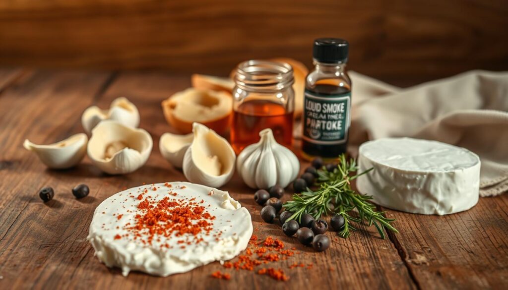 A still life image of a collection of ingredients for smoked cream cheese, artfully arranged on a rustic wooden surface. In the foreground, a block of cream cheese, a sprinkling of smoked paprika, and a few sprigs of fresh thyme. In the middle ground, halves of garlic cloves, whole peppercorns, and a small jar of liquid smoke. The background features a few pieces of crusty bread and a linen napkin, all bathed in warm, golden lighting that casts soft shadows, creating a cozy, inviting atmosphere. A still life image of a collection of ingredients for smoked cream cheese, artfully arranged on a rustic wooden surface. In the foreground, a block of cream cheese, a sprinkling of smoked paprika, and a few sprigs of fresh thyme. In the middle ground, halves of garlic cloves, whole peppercorns, and a small jar of liquid smoke. The background features a few pieces of crusty bread and a linen napkin, all bathed in warm, golden lighting that casts soft shadows, creating a cozy, inviting atmosphere.