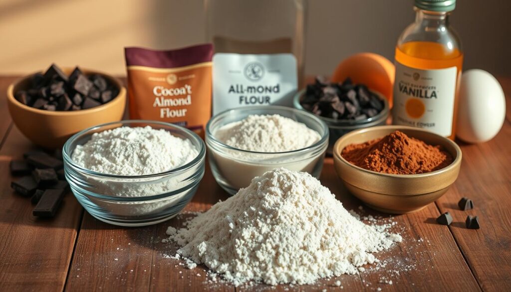 A still life image of various gluten-free baking ingredients arranged on a rustic wooden table. In the foreground, a pile of almond flour, coconut flour, and gluten-free all-purpose flour sit in small bowls. In the middle ground, cocoa powder, baking soda, baking powder, and sea salt are visible in their respective containers. In the background, dark chocolate chunks, eggs, and a bottle of vanilla extract create a complementary backdrop. Soft, warm lighting from the side casts subtle shadows, emphasizing the textures and colors of the ingredients. The overall mood is one of simplicity, quality, and the promise of a delicious gluten-free chocolate cake. A still life image of various gluten-free baking ingredients arranged on a rustic wooden table. In the foreground, a pile of almond flour, coconut flour, and gluten-free all-purpose flour sit in small bowls. In the middle ground, cocoa powder, baking soda, baking powder, and sea salt are visible in their respective containers. In the background, dark chocolate chunks, eggs, and a bottle of vanilla extract create a complementary backdrop. Soft, warm lighting from the side casts subtle shadows, emphasizing the textures and colors of the ingredients. The overall mood is one of simplicity, quality, and the promise of a delicious gluten-free chocolate cake.