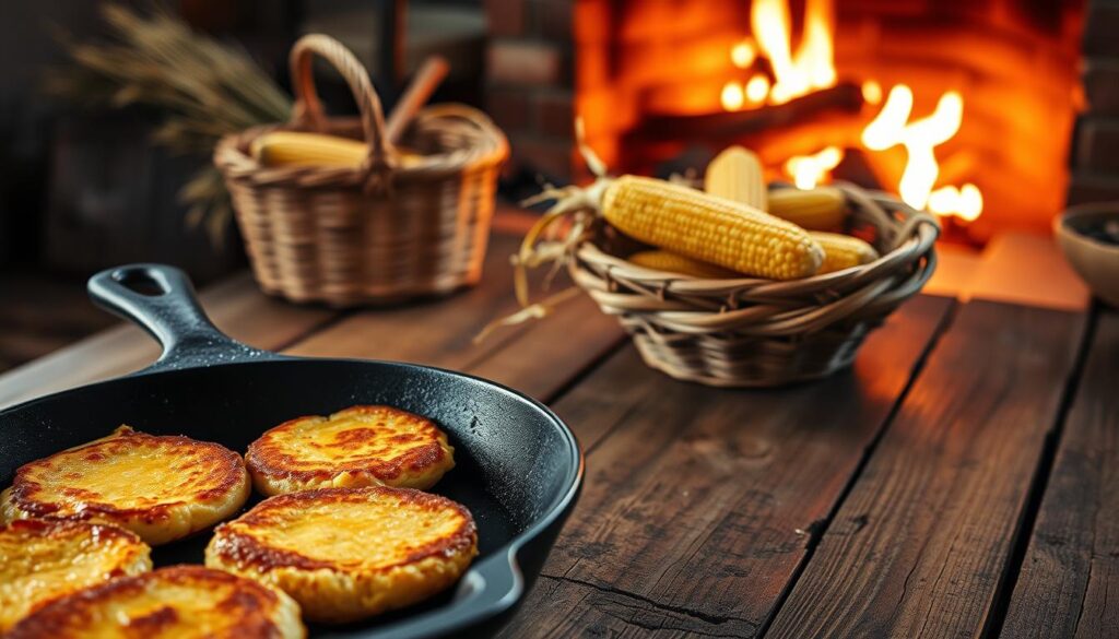 A traditional Southern hoe cake setting, captured with a warm, nostalgic tone. In the foreground, a cast-iron skillet sizzles with golden-brown cornmeal cakes, their crisp edges glistening. The middle ground reveals a weathered wooden table, its surface adorned with a handwoven sweetgrass basket brimming with freshly harvested corn. In the background, a rustic fireplace mantles a crackling blaze, casting a soft, amber glow across the scene. The atmosphere evokes the rich heritage and timeless culinary traditions of the American South. A traditional Southern hoe cake setting, captured with a warm, nostalgic tone. In the foreground, a cast-iron skillet sizzles with golden-brown cornmeal cakes, their crisp edges glistening. The middle ground reveals a weathered wooden table, its surface adorned with a handwoven sweetgrass basket brimming with freshly harvested corn. In the background, a rustic fireplace mantles a crackling blaze, casting a soft, amber glow across the scene. The atmosphere evokes the rich heritage and timeless culinary traditions of the American South.