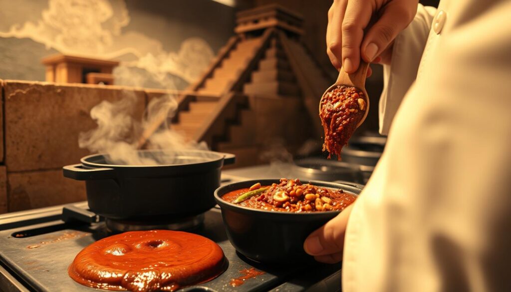 A vibrant Mexican mole sauce simmers on a rustic stove, cast iron pot gently steaming. Simmering in the background, an ancient Aztec temple rises, its intricate carvings telling the story of this complex culinary tradition. In the foreground, a chef carefully grinds a blend of chili peppers, spices, and toasted nuts, the aroma filling the air. Warm lighting casts a golden glow, emphasizing the depth of color and texture in this centuries-old sauce. The scene conveys the rich history and cultural significance of mole, a culinary legacy passed down through generations of Mexican cooks. A vibrant Mexican mole sauce simmers on a rustic stove, cast iron pot gently steaming. Simmering in the background, an ancient Aztec temple rises, its intricate carvings telling the story of this complex culinary tradition. In the foreground, a chef carefully grinds a blend of chili peppers, spices, and toasted nuts, the aroma filling the air. Warm lighting casts a golden glow, emphasizing the depth of color and texture in this centuries-old sauce. The scene conveys the rich history and cultural significance of mole, a culinary legacy passed down through generations of Mexican cooks.