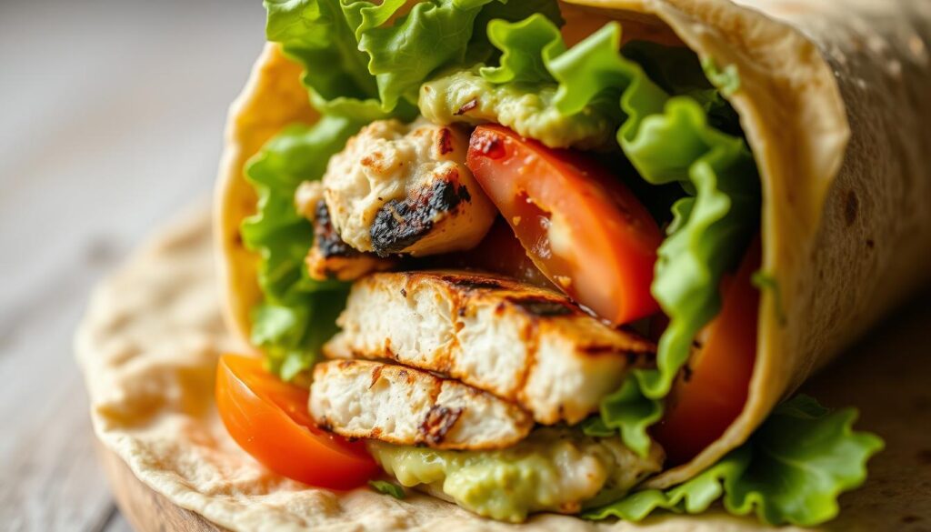 A well-lit, close-up photograph of a freshly prepared healthy chicken wrap. The wrap is filled with tender, juicy grilled chicken, crisp romaine lettuce, sliced tomatoes, and a creamy avocado spread, all wrapped in a warm, whole-wheat tortilla. The ingredients are neatly and artfully arranged, showcasing the vibrant colors and textures. The image is captured from a slightly elevated angle, with a shallow depth of field that keeps the wrap in sharp focus while blurring the background. The lighting is soft and natural, highlighting the appetizing qualities of the dish. The overall mood is one of simplicity, freshness, and nutrition, conveying the appeal of this quick, healthy meal option. A well-lit, close-up photograph of a freshly prepared healthy chicken wrap. The wrap is filled with tender, juicy grilled chicken, crisp romaine lettuce, sliced tomatoes, and a creamy avocado spread, all wrapped in a warm, whole-wheat tortilla. The ingredients are neatly and artfully arranged, showcasing the vibrant colors and textures. The image is captured from a slightly elevated angle, with a shallow depth of field that keeps the wrap in sharp focus while blurring the background. The lighting is soft and natural, highlighting the appetizing qualities of the dish. The overall mood is one of simplicity, freshness, and nutrition, conveying the appeal of this quick, healthy meal option.