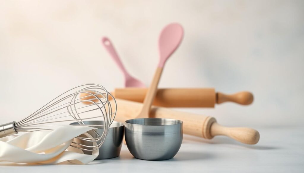 A well-lit, close-up shot of an assortment of baking tools and utensils against a soft, cloud-like background. In the foreground, a silky whisk, a metal measuring cup, and a wooden spoon in pastel shades cascade across the frame. In the middle, a spatula and a rolling pin in complementary hues float weightlessly. The background features a tranquil gradient in shades of cream and baby blue, evoking a sense of airy lightness and dreaminess. The lighting is diffused and gentle, creating a soothing, almost ethereal atmosphere. The focus is sharp on the baking implements, showcasing their form and texture in a manner that is both practical and visually captivating. A well-lit, close-up shot of an assortment of baking tools and utensils against a soft, cloud-like background. In the foreground, a silky whisk, a metal measuring cup, and a wooden spoon in pastel shades cascade across the frame. In the middle, a spatula and a rolling pin in complementary hues float weightlessly. The background features a tranquil gradient in shades of cream and baby blue, evoking a sense of airy lightness and dreaminess. The lighting is diffused and gentle, creating a soothing, almost ethereal atmosphere. The focus is sharp on the baking implements, showcasing their form and texture in a manner that is both practical and visually captivating.