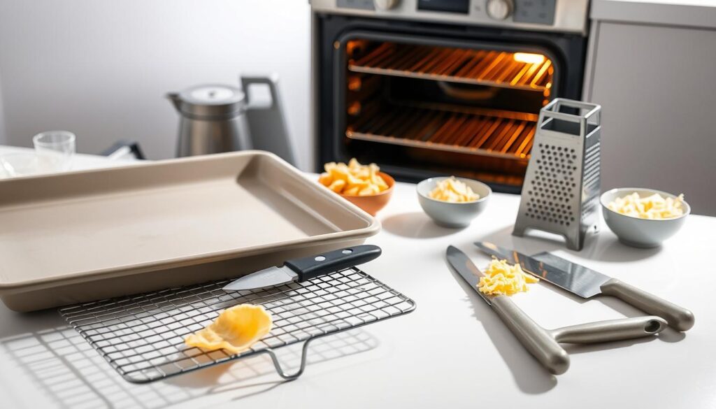 A well-lit, high-angle studio shot of an assortment of kitchen tools and equipment used for baking oven-crisp cheese chips. In the foreground, a ceramic baking sheet, a wire cooling rack, and a pizza cutter. In the middle ground, a grater, a cheese knife, and a small bowl of shredded cheese. In the background, an oven with the door slightly ajar, emitting a warm, golden glow. The tools are arranged neatly, casting long, soft shadows on a clean, white countertop. The overall mood is clean, minimal, and focused, highlighting the key tools needed to make delicious, guilt-free baked cheese chips.