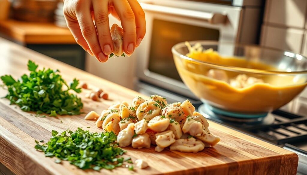 A well-lit kitchen countertop, showcasing a wooden cutting board with freshly chopped chicken, herbs, and spices. In the foreground, a chef's hands delicately tossing the ingredients together, creating a mouthwatering blend of flavors. The middle ground features a mixing bowl filled with a creamy, golden-hued marinade, its tempting aroma filling the air. In the background, a stainless steel oven, ready to bake the succulent chicken to perfection, as warm, natural lighting filters through the scene, evoking a sense of homemade comfort and culinary mastery. A well-lit kitchen countertop, showcasing a wooden cutting board with freshly chopped chicken, herbs, and spices. In the foreground, a chef's hands delicately tossing the ingredients together, creating a mouthwatering blend of flavors. The middle ground features a mixing bowl filled with a creamy, golden-hued marinade, its tempting aroma filling the air. In the background, a stainless steel oven, ready to bake the succulent chicken to perfection, as warm, natural lighting filters through the scene, evoking a sense of homemade comfort and culinary mastery.