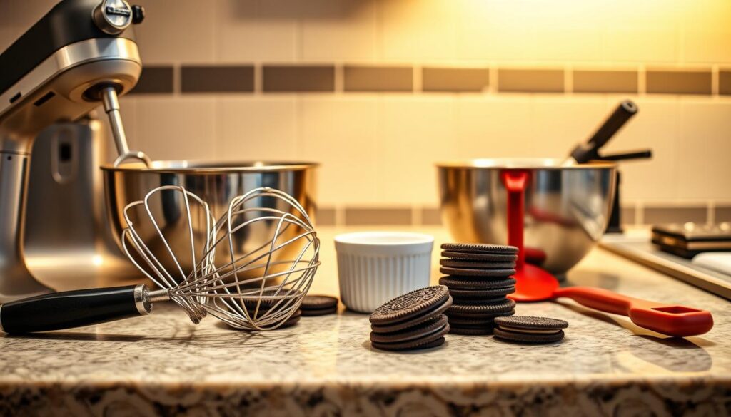 A well-lit kitchen countertop, with an assortment of essential baking tools arrayed in the foreground. A stainless steel hand mixer, a mixing bowl, a whisk, and a spatula are neatly arranged, indicating the tools needed for preparing an Oreo mug cake. In the middle ground, a stack of Oreo cookies and a small ramekin or mug sit, ready to be transformed into a delectable dessert. The lighting is warm and inviting, creating a cozy, homey atmosphere that sets the stage for the delightful Oreo mug cake creation process. A well-lit kitchen countertop, with an assortment of essential baking tools arrayed in the foreground. A stainless steel hand mixer, a mixing bowl, a whisk, and a spatula are neatly arranged, indicating the tools needed for preparing an Oreo mug cake. In the middle ground, a stack of Oreo cookies and a small ramekin or mug sit, ready to be transformed into a delectable dessert. The lighting is warm and inviting, creating a cozy, homey atmosphere that sets the stage for the delightful Oreo mug cake creation process.