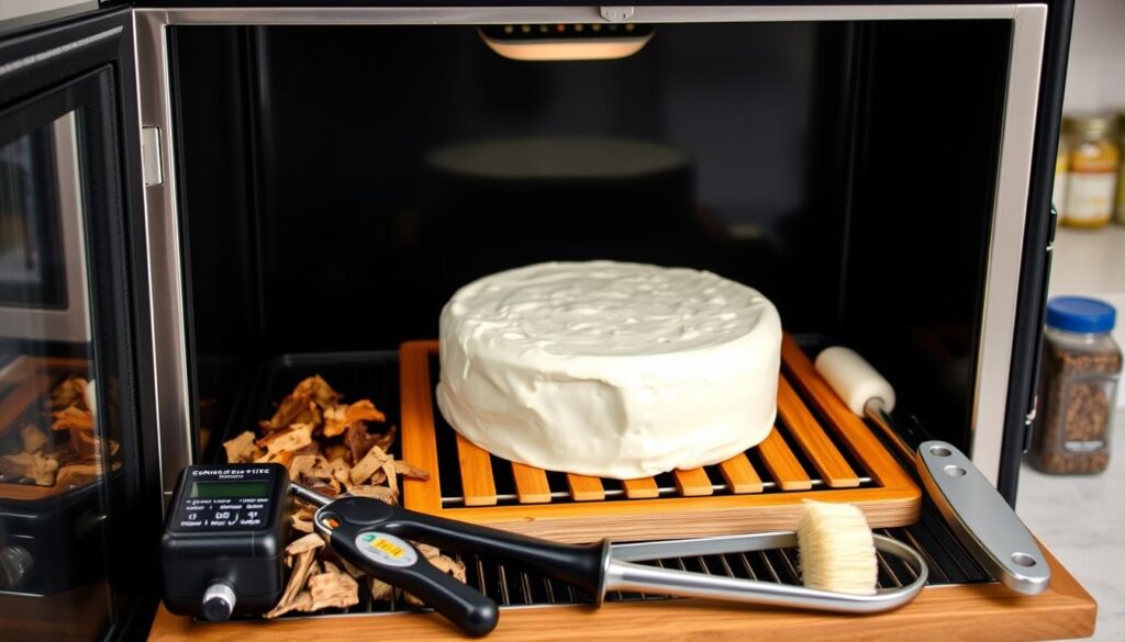 A well-lit, professional-grade smoker setup with a clear glass door and stainless steel trim, showcasing a variety of tools and accessories for smoking cream cheese. In the foreground, a large block of cream cheese is nestled on a wooden smoking rack, surrounded by an assortment of smoking wood chips, a digital temperature and time control unit, and a basting brush. In the middle ground, a handheld meat thermometer and a pair of sturdy tongs stand ready for monitoring and turning the cheese. The background features a minimalist kitchen counter or table, with a few jars of seasonings or condiments to complete the scene. A well-lit, professional-grade smoker setup with a clear glass door and stainless steel trim, showcasing a variety of tools and accessories for smoking cream cheese. In the foreground, a large block of cream cheese is nestled on a wooden smoking rack, surrounded by an assortment of smoking wood chips, a digital temperature and time control unit, and a basting brush. In the middle ground, a handheld meat thermometer and a pair of sturdy tongs stand ready for monitoring and turning the cheese. The background features a minimalist kitchen counter or table, with a few jars of seasonings or condiments to complete the scene.