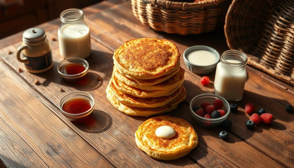 A well-worn wooden table, its surface etched with the history of countless Southern meals. In the center, a steaming stack of golden-brown hoe cakes, their crisp edges framing a soft, fluffy interior. Surrounding them, an array of traditional condiments - tangy cane syrup, creamy buttermilk, and a scattering of freshly picked berries. The scene is bathed in warm, natural light, casting a gentle glow and emphasizing the rustic, homespun charm of this cherished cultural heritage. A hand-woven basket, its intricate patterns a testament to the skilled craftsmanship of the region, sits nearby, hinting at the deep-rooted traditions that have shaped this beloved Southern delicacy. A well-worn wooden table, its surface etched with the history of countless Southern meals. In the center, a steaming stack of golden-brown hoe cakes, their crisp edges framing a soft, fluffy interior. Surrounding them, an array of traditional condiments - tangy cane syrup, creamy buttermilk, and a scattering of freshly picked berries. The scene is bathed in warm, natural light, casting a gentle glow and emphasizing the rustic, homespun charm of this cherished cultural heritage. A hand-woven basket, its intricate patterns a testament to the skilled craftsmanship of the region, sits nearby, hinting at the deep-rooted traditions that have shaped this beloved Southern delicacy.