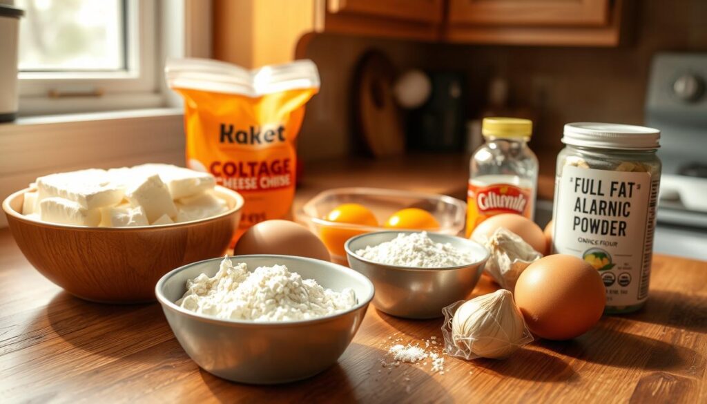 A wooden kitchen counter holds an array of fresh ingredients for making cottage cheese chips: full-fat cottage cheese, eggs, almond flour, garlic powder, onion powder, and a pinch of salt. Sunlight streams in through a nearby window, casting a warm glow on the natural textures. The ingredients are arranged in an inviting still-life composition, highlighting their vibrant colors and varied shapes. The overall mood is one of homemade comfort and health-conscious indulgence.