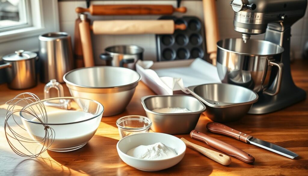 An assortment of baking equipment arranged on a wooden countertop, illuminated by warm, natural lighting. In the foreground, a mixing bowl, whisk, and measuring cups sit alongside a sifter and a butter knife. In the middle ground, a hand mixer, baking pans, and a silicone spatula are ready for use. The background features a rolling pin, parchment paper, and a sturdy stand mixer, all essential tools for crafting the perfect buttermilk cake. The scene conveys a sense of culinary preparation and the comforting atmosphere of a well-equipped kitchen. An assortment of baking equipment arranged on a wooden countertop, illuminated by warm, natural lighting. In the foreground, a mixing bowl, whisk, and measuring cups sit alongside a sifter and a butter knife. In the middle ground, a hand mixer, baking pans, and a silicone spatula are ready for use. The background features a rolling pin, parchment paper, and a sturdy stand mixer, all essential tools for crafting the perfect buttermilk cake. The scene conveys a sense of culinary preparation and the comforting atmosphere of a well-equipped kitchen.