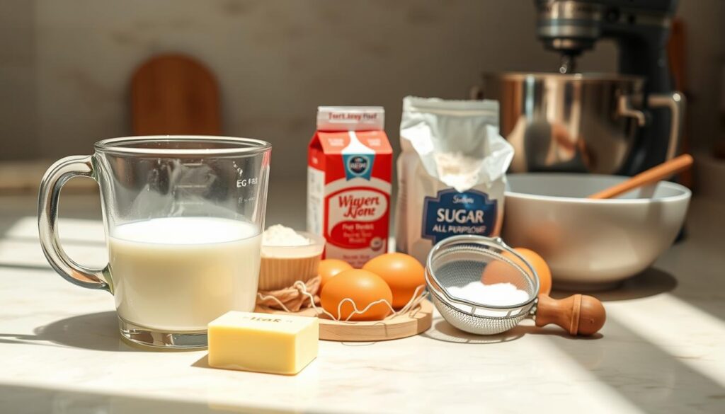 Buttermilk Pound Cake Ingredient Magic: a creme-colored marble countertop with natural lighting, showcasing a classic buttermilk pound cake ingredient set in the foreground - a glass measuring cup filled with thick, creamy buttermilk, a stick of golden butter, a carton of fresh eggs, a sifter of all-purpose flour, and a satin-smooth sugar bowl. In the middle ground, a hand mixer and a well-used wooden spoon hint at the baking process. The mood is one of simplicity, quality, and the comforting allure of homemade baking. Subtle shadows and highlights emphasize the natural textures and shapes of the ingredients, creating an inviting, artisanal still life.