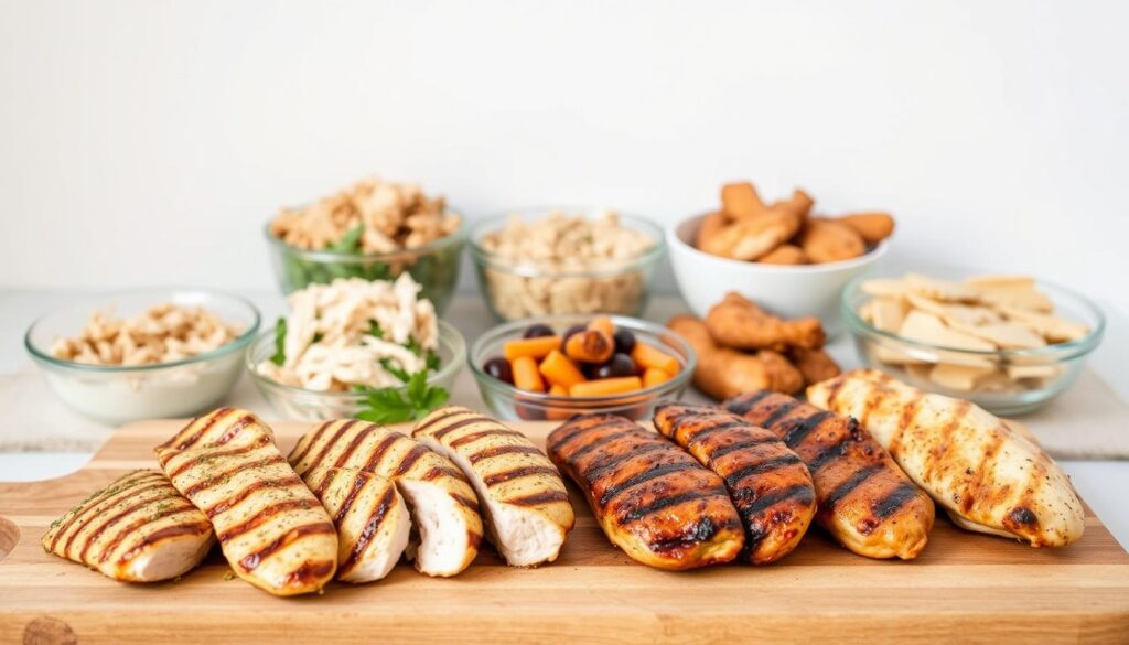 Chicken Options for Meal Prep Chicken Wraps A visually appealing still life scene featuring an assortment of different chicken preparations ideal for creating meal prep chicken wraps. In the foreground, grilled chicken breasts in various seasonings and marinades, such as buffalo, lemon pepper, and teriyaki, are arranged on a wooden cutting board. In the middle ground, shredded chicken, pulled chicken, and chicken tenders are displayed in separate bowls, showcasing the versatility of chicken for wrap fillings. The background features a clean, white wall, allowing the chicken options to be the focal point. The lighting is natural and soft, creating a warm, appetizing atmosphere. The overall composition is balanced, drawing the viewer's eye to the different chicken options available for creating delicious and nutritious meal prep chicken wraps. Chicken Options for Meal Prep Chicken Wraps A visually appealing still life scene featuring an assortment of different chicken preparations ideal for creating meal prep chicken wraps. In the foreground, grilled chicken breasts in various seasonings and marinades, such as buffalo, lemon pepper, and teriyaki, are arranged on a wooden cutting board. In the middle ground, shredded chicken, pulled chicken, and chicken tenders are displayed in separate bowls, showcasing the versatility of chicken for wrap fillings. The background features a clean, white wall, allowing the chicken options to be the focal point. The lighting is natural and soft, creating a warm, appetizing atmosphere. The overall composition is balanced, drawing the viewer's eye to the different chicken options available for creating delicious and nutritious meal prep chicken wraps.