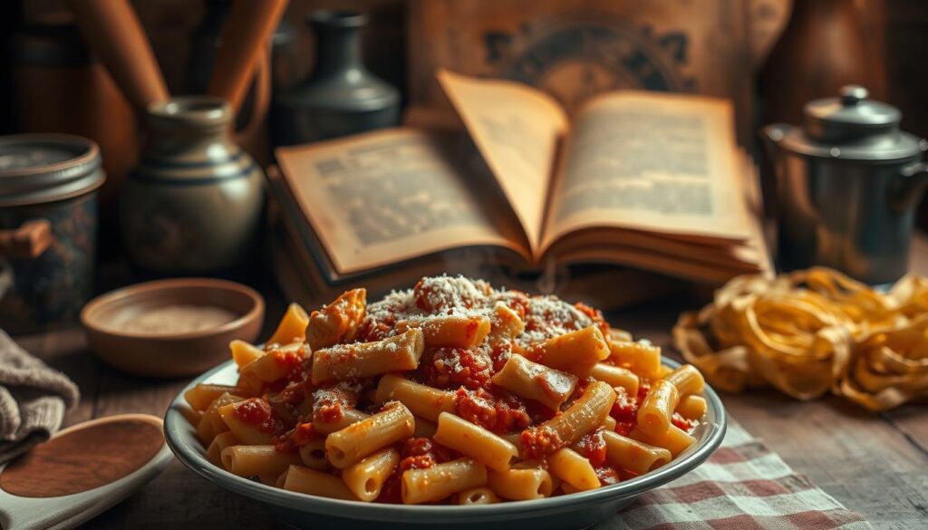 Chicken Riggies Utica Culinary History: a vibrant still-life scene of the classic Italian-American pasta dish, set against a backdrop of vintage kitchenware and atmospheric lighting. In the foreground, a steaming plate of rigatoni noodles, tossed in a rich, creamy tomato-based sauce, punctuated with tender chicken pieces and a sprinkle of grated Parmesan. The middle ground features an assortment of traditional culinary tools - a wooden spoon, a well-worn cutting board, and a weathered cookbook open to a time-honored recipe. The background evokes the warm, homey ambiance of an old-world kitchen, with soft, golden illumination casting a nostalgic glow over the scene, capturing the enduring legacy of this beloved regional specialty. Chicken Riggies Utica Culinary History: a vibrant still-life scene of the classic Italian-American pasta dish, set against a backdrop of vintage kitchenware and atmospheric lighting. In the foreground, a steaming plate of rigatoni noodles, tossed in a rich, creamy tomato-based sauce, punctuated with tender chicken pieces and a sprinkle of grated Parmesan. The middle ground features an assortment of traditional culinary tools - a wooden spoon, a well-worn cutting board, and a weathered cookbook open to a time-honored recipe. The background evokes the warm, homey ambiance of an old-world kitchen, with soft, golden illumination casting a nostalgic glow over the scene, capturing the enduring legacy of this beloved regional specialty.