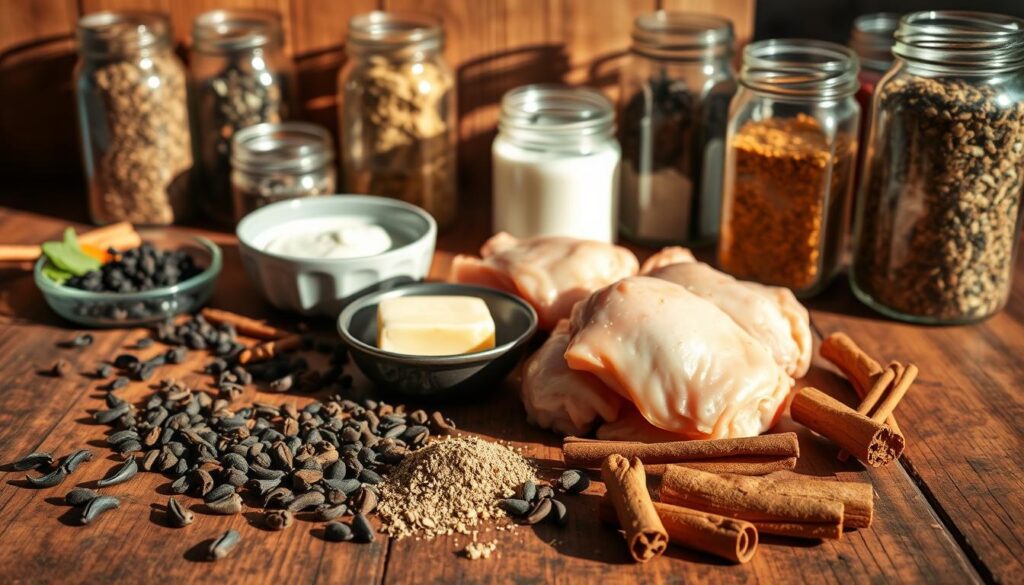 Cowboy-style butter chicken wing marinade ingredients arranged on a rustic wooden table. In the foreground, a selection of whole spices including black peppercorns, whole cloves, and cinnamon sticks. In the middle ground, a stack of fresh chicken wings, a bowl of melted butter, and a jar of homemade ranch dressing. In the background, a collection of glass jars filled with dried herbs and spices, casting soft shadows across the scene. The lighting is natural and warm, highlighting the earthy tones of the wood and the rich colors of the ingredients. The overall mood is inviting and appetizing, perfectly reflecting the essence of the "Cowboy Butter Chicken Wings" recipe.
