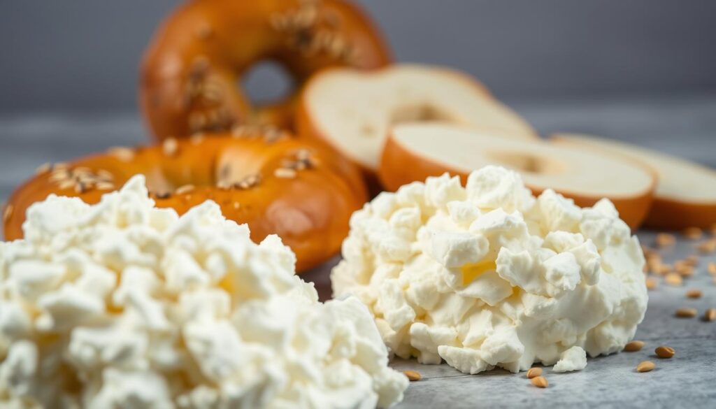 Crisp, evenly-lit close-up photograph of fresh, high-quality ingredients for cottage cheese bagels. In the foreground, a pile of small-curd cottage cheese, its creamy white texture and slight lumps visible. On the middle-ground, an arrangement of freshly-sliced bagels, their golden-brown crusts and fluffy interiors inviting. In the background, a scattering of sesame seeds, hints of their nutty aroma hinted at. The lighting is soft yet directional, casting subtle shadows that accentuate the three-dimensional forms. The overall mood is one of simplicity, quality, and anticipation of a delicious homemade breakfast. Crisp, evenly-lit close-up photograph of fresh, high-quality ingredients for cottage cheese bagels. In the foreground, a pile of small-curd cottage cheese, its creamy white texture and slight lumps visible. On the middle-ground, an arrangement of freshly-sliced bagels, their golden-brown crusts and fluffy interiors inviting. In the background, a scattering of sesame seeds, hints of their nutty aroma hinted at. The lighting is soft yet directional, casting subtle shadows that accentuate the three-dimensional forms. The overall mood is one of simplicity, quality, and anticipation of a delicious homemade breakfast.